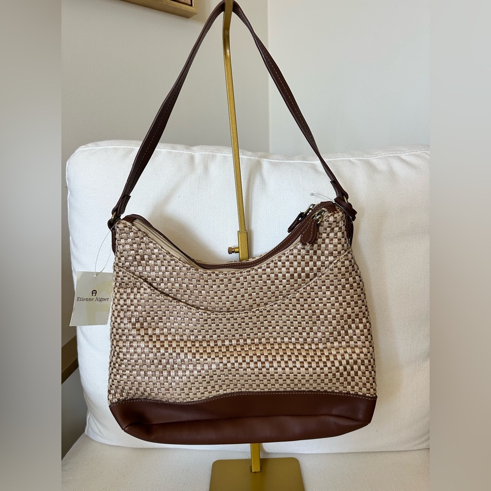 Etienne Aigner Vintage woven straw shoulder bag purse 2 Tone Beige Brown NWT - Picture 4 of 7